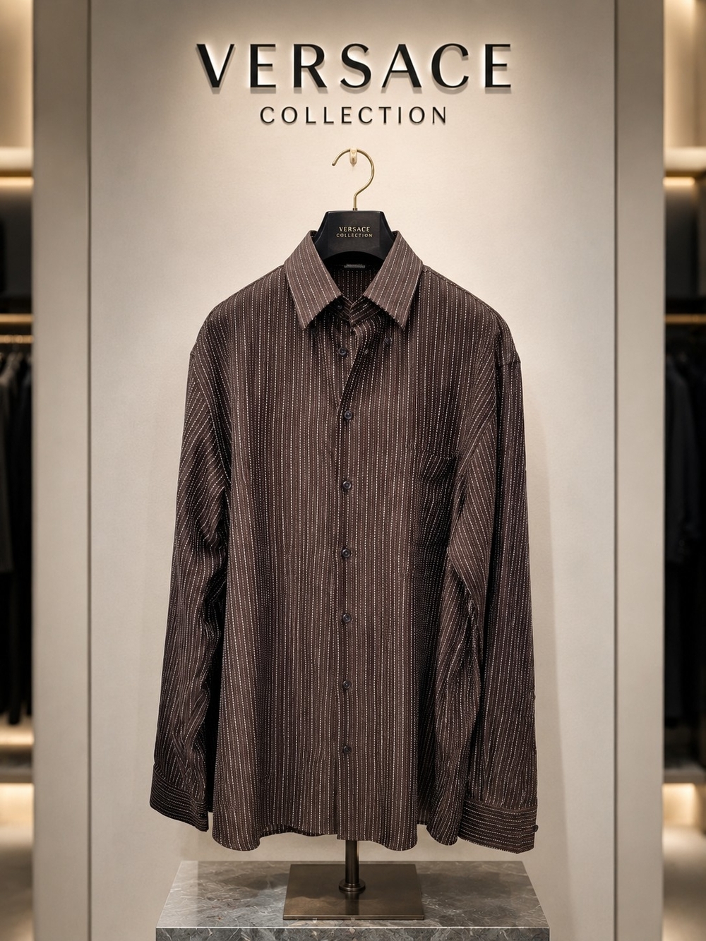 Versace Collection Men’s Chocolate Brown Pinstripe Dress Shirt XL. Like New!